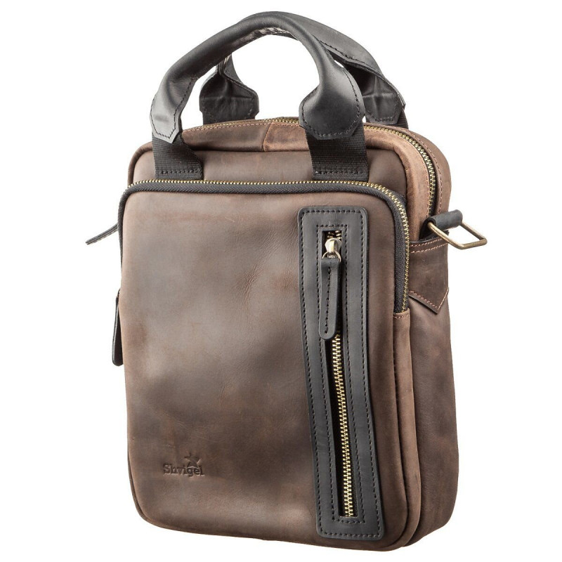 Сумка мужская SHVIGEL в винтажной коже в комбинации коричневого и черного цвета