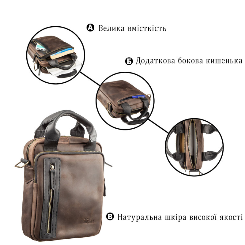 Сумка мужская SHVIGEL в винтажной коже в комбинации коричневого и черного цвета