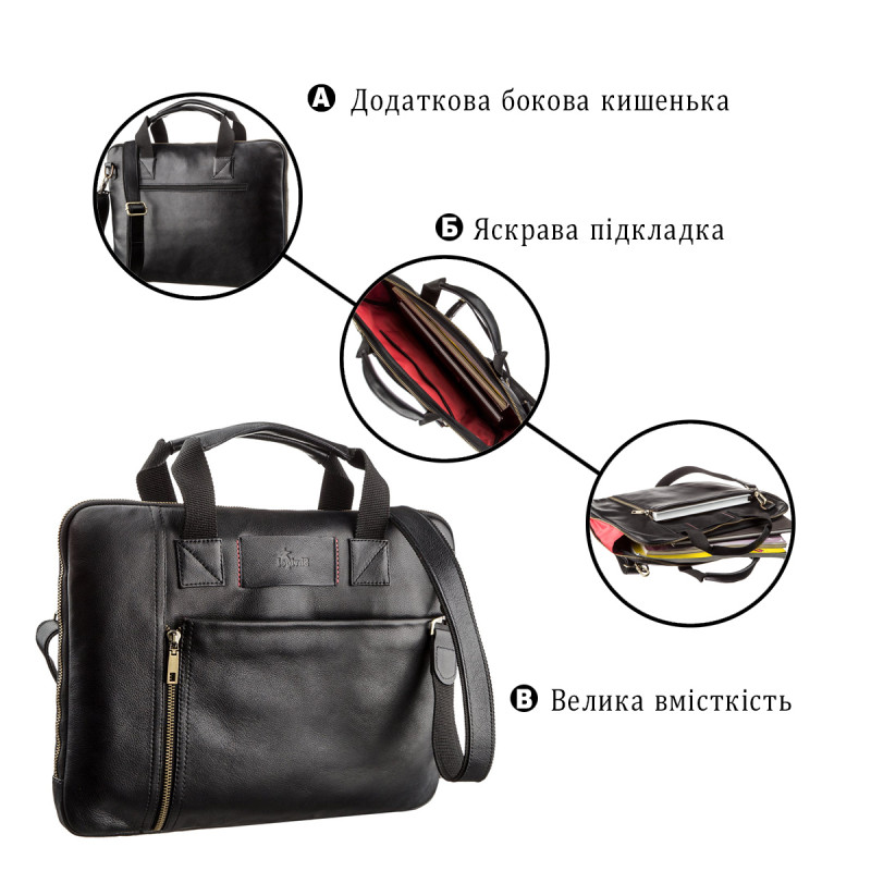 Мужская кожаная тонкая сумка для ноутбука SHVIGEL Черная
