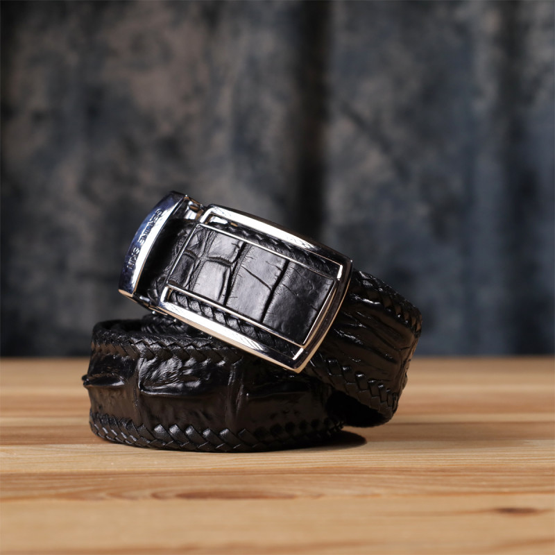 Ремень-автомат CROCODILE LEATHER из натуральной кожи крокодила Черный