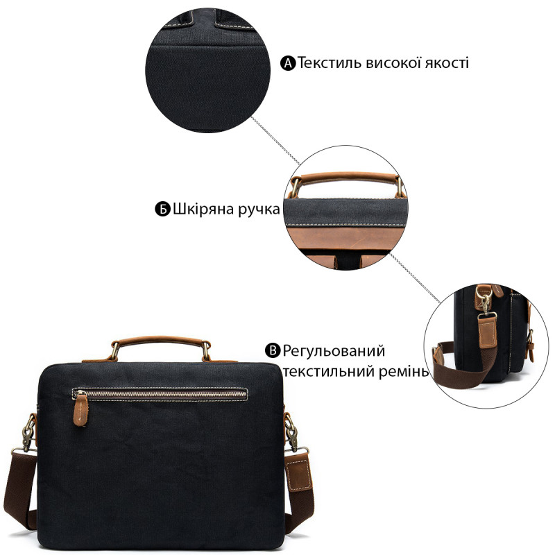 Сумка-портфель мужская текстильная с кожаными вставками Vintage Черная