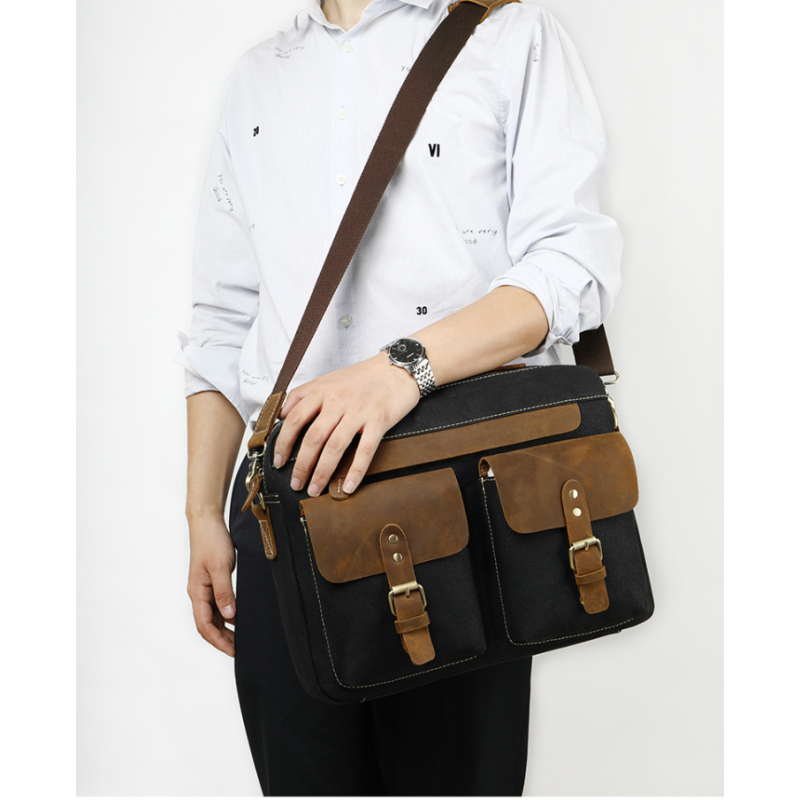 Сумка-портфель мужская текстильная с кожаными вставками Vintage Черная