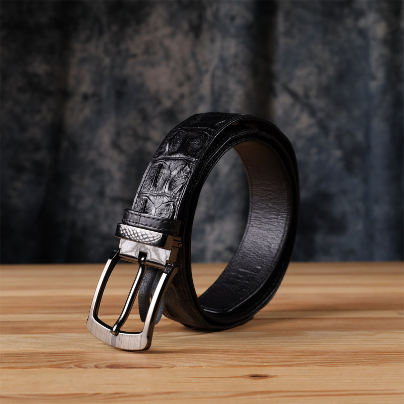 Ремень классика из натуральной кожи крокодила CROCODILE LEATHER Черный