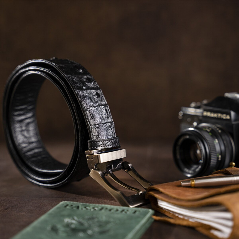 Ремень классика из натуральной кожи крокодила CROCODILE LEATHER Черный