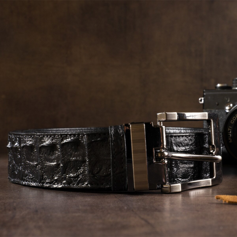Ремень классика из натуральной кожи крокодила CROCODILE LEATHER Черный