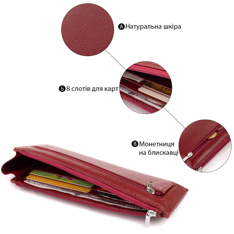 Горизонтальный тонкий кошелек из кожи женский ST Leather Бордовый