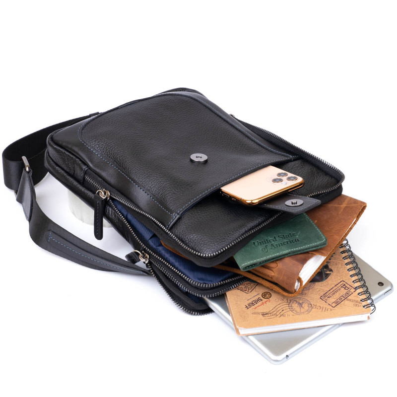 Сумка мужская планшет на два отделения кожаная флотар SHVIGEL Черная