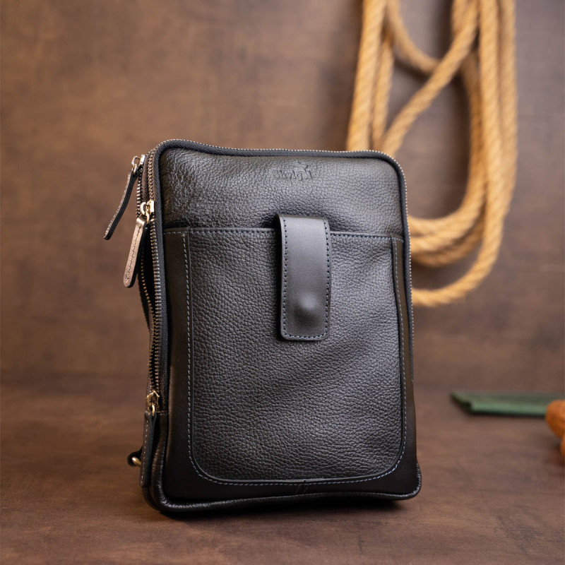 Сумка мужская планшет на два отделения кожаная флотар SHVIGEL Черная