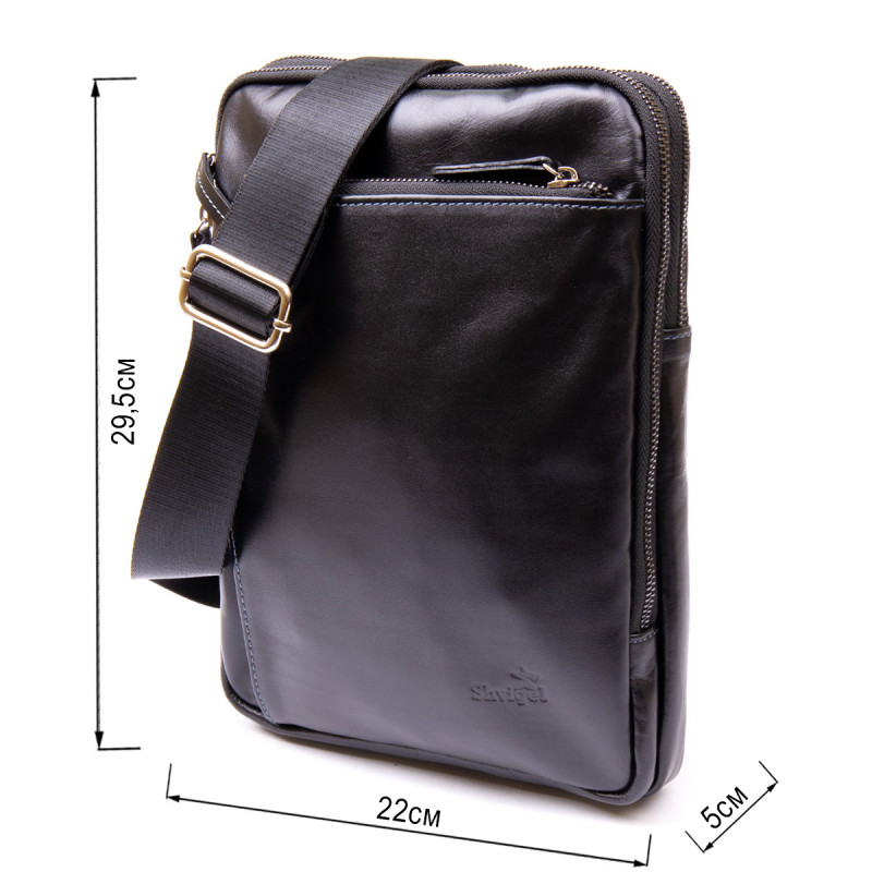 Мужская сумка планшет с накладным карманом на молнии в гладкой коже SHVIGEL, Черная