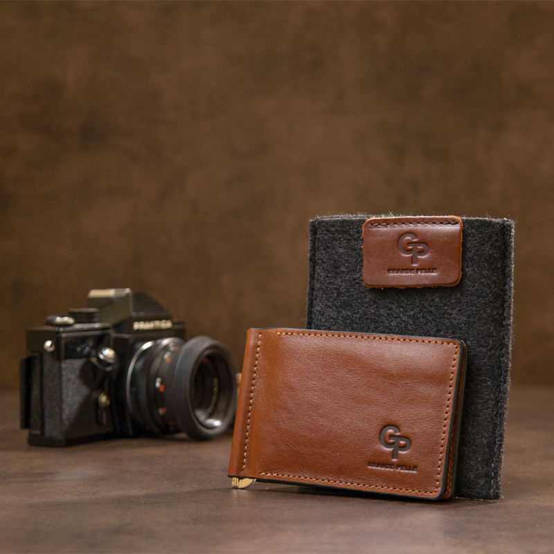 Мужской кожаный зажим для денег GRANDE PELLE Коричневый