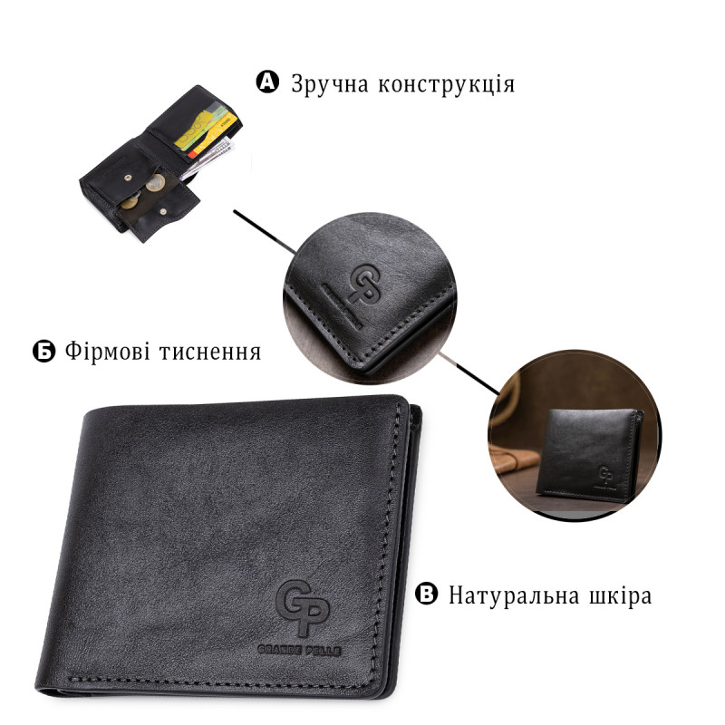 Кожаное мужское глянцевое портмоне GRANDE PELLE Черный