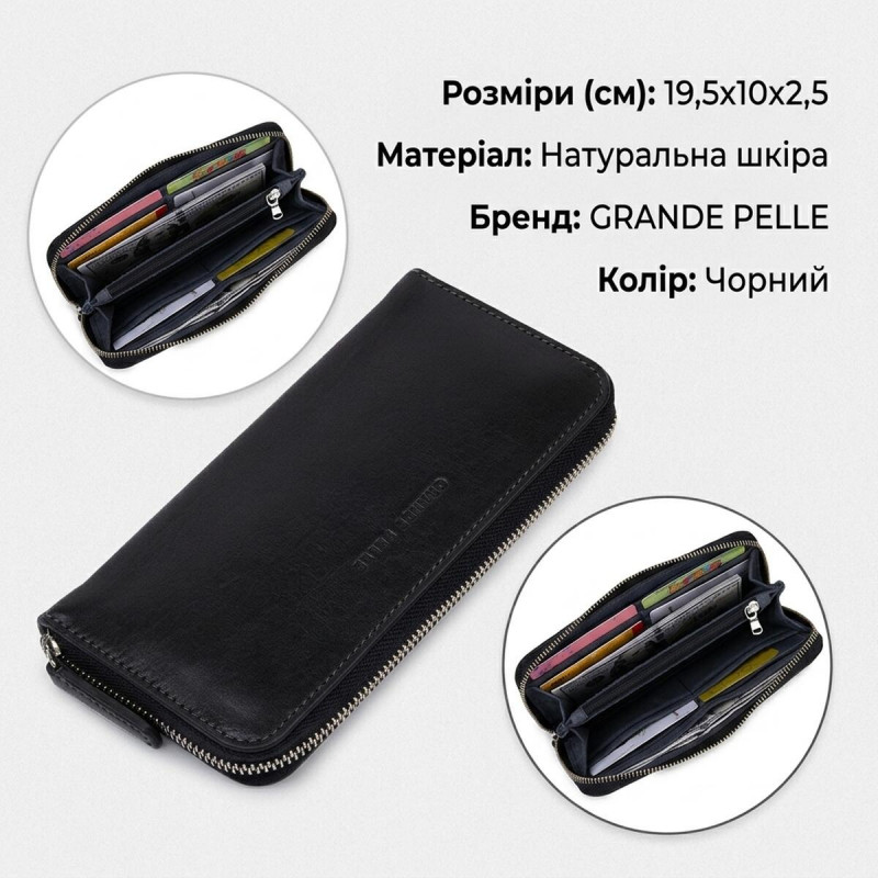 Кожаный женский кошелек на молнии GRANDE PELLE Черный