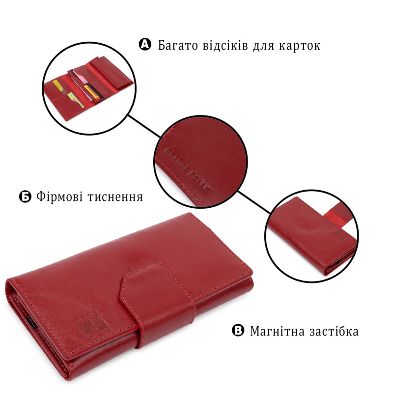 Шикарний жіночий гаманець в три складання GRANDE PELLE Червоний