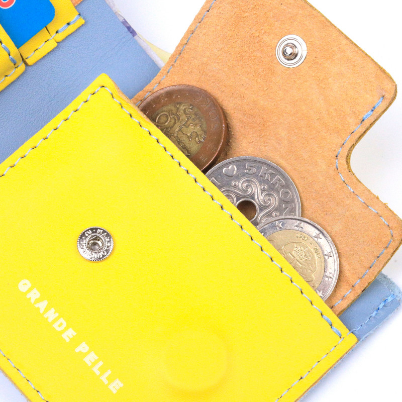 Оригінальне шкіряне портмоне у два додавання комбі двох кольорів Серце GRANDE PELLE Жовто-блакитне