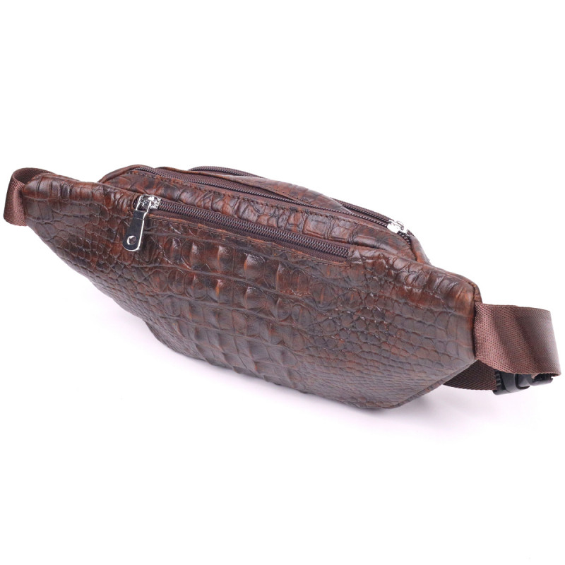 Модная поясная сумка из натуральной кожи с фактурой под крокодила Vintage Коричневая