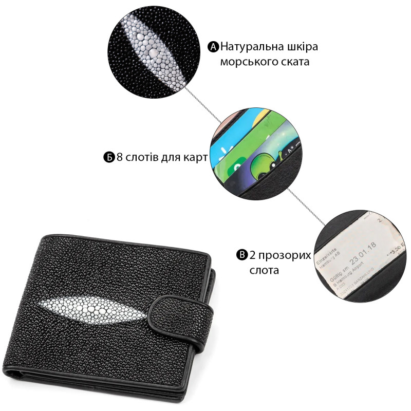 Портмоне мужское STINGRAY LEATHER из натуральной кожи морского ската Черное