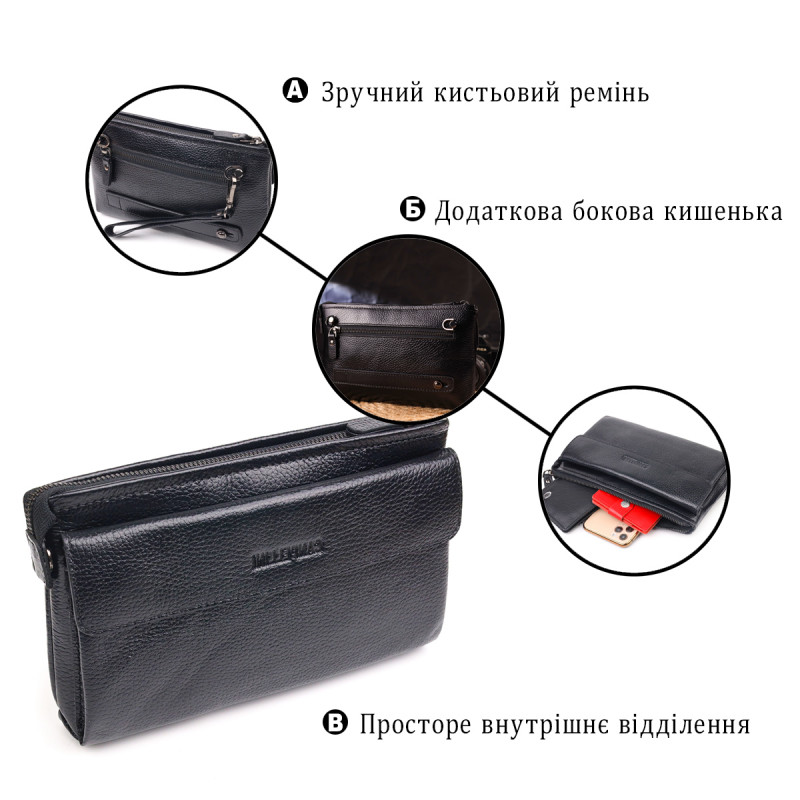 Мужской стильный клатч из натуральной кожи CANPELLINI Черный