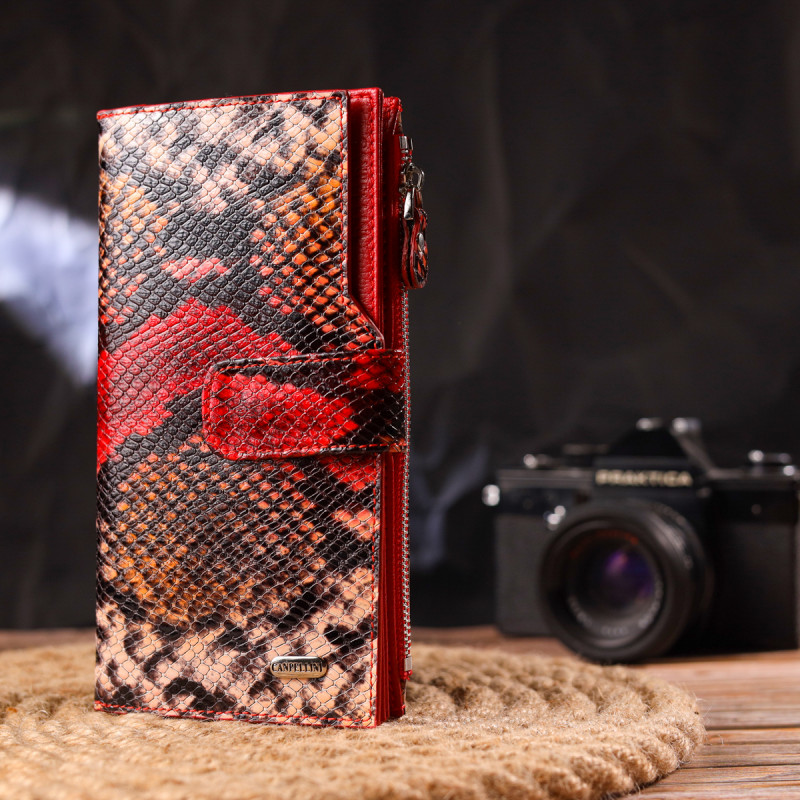 Функциональный женский кошелек из натуральной кожи с тиснением под змею CANPELLINI Разноцветный