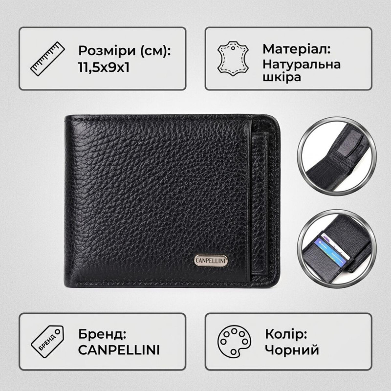 Оригінальний компактний гаманець із вкладишем для посвідчення для чоловіків із натуральної шкіри флотар CANPELLINI Чорний