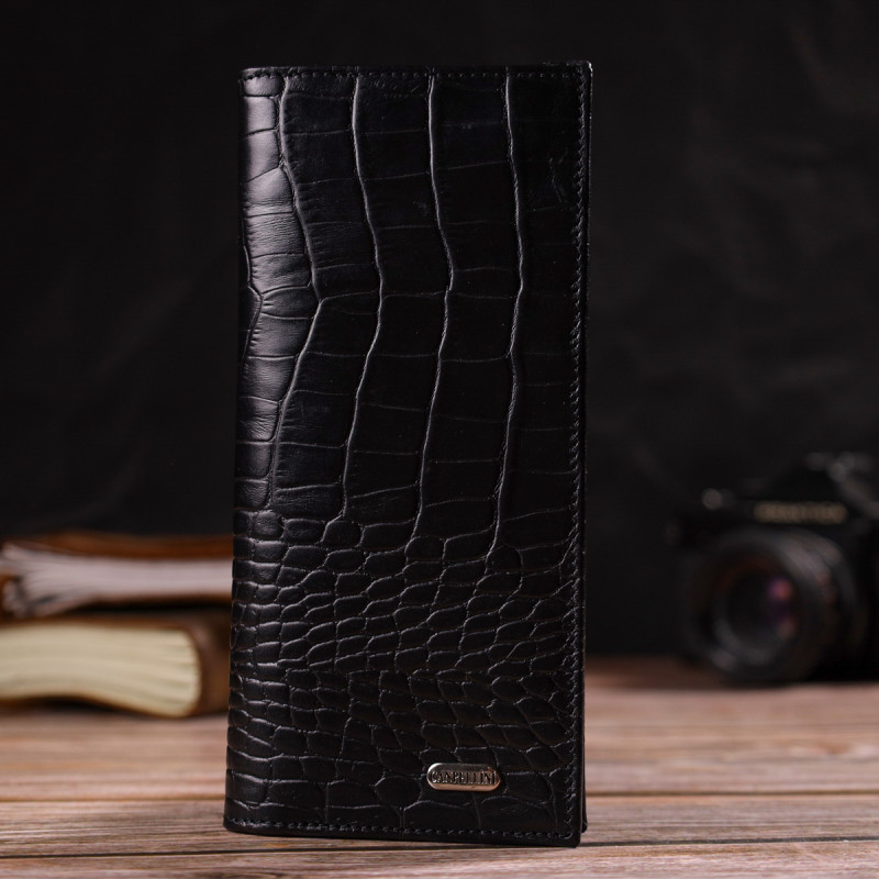 Привлекательный вертикальный мужской бумажник из натуральной кожи с тиснением под крокодила CANPELLINI Черный