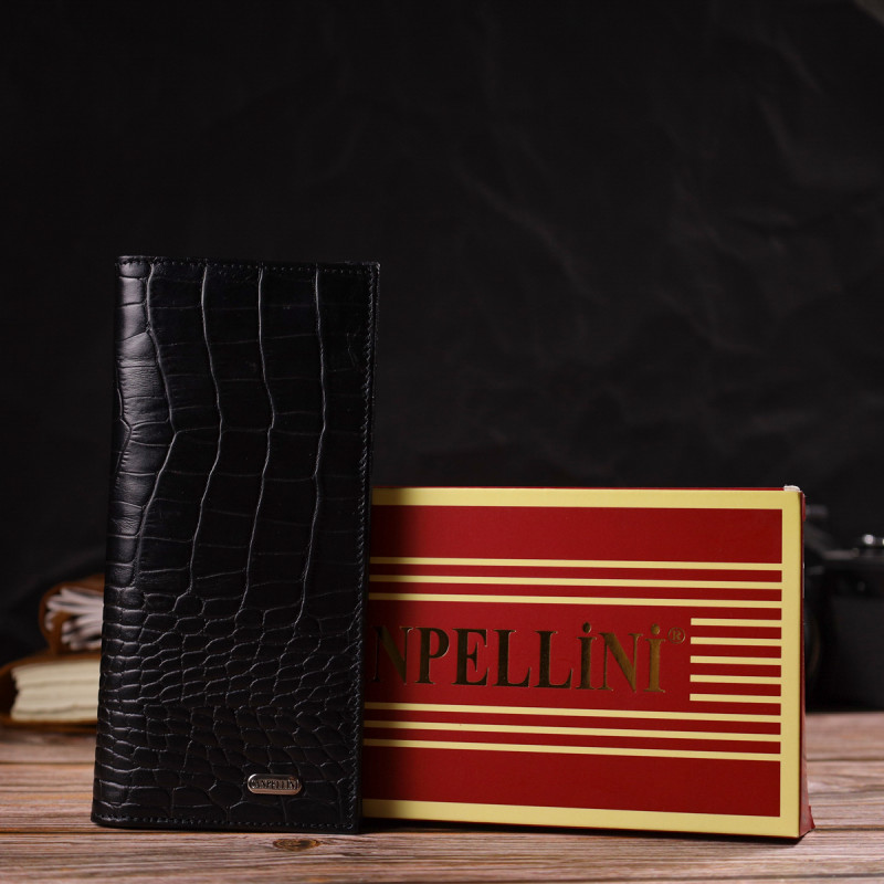 Привлекательный вертикальный мужской бумажник из натуральной кожи с тиснением под крокодила CANPELLINI Черный