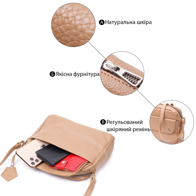 Стильна сумка жіноча крос-боді з натуральної шкіри GRANDE PELLE Бежева