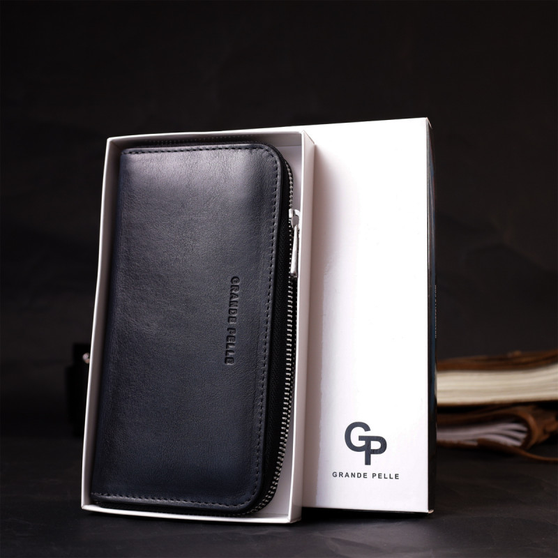 Стильний гаманець-клатч на блискавці із натуральної шкіри GRANDE PELLE Синій