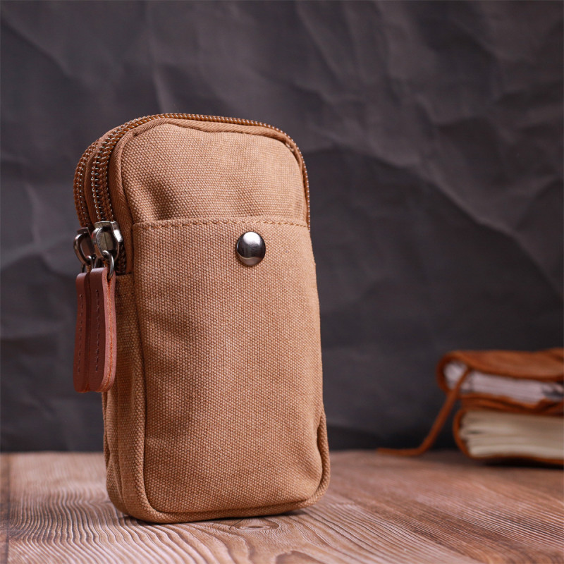 Добротная сумка-чехол на пояс с металлическим карабином из текстиля Vintage Коричневый