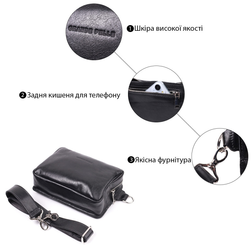 Сумка бананка прямоугольного формата из качественной натуральной кожи GRANDE PELLE Черный