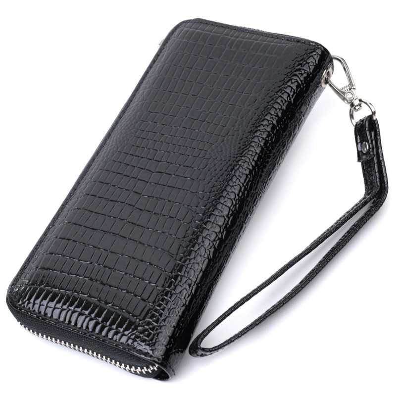 Лакированный женский кошелек на молнии из натуральной кожи ST Leather Черный