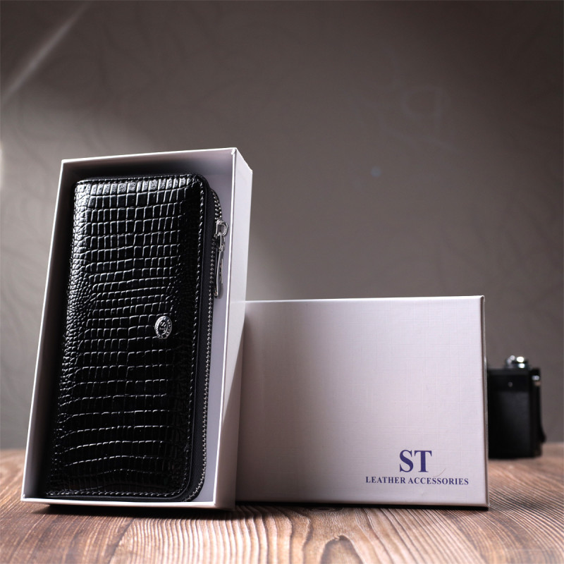 Лакированный женский кошелек на молнии из натуральной кожи ST Leather Черный
