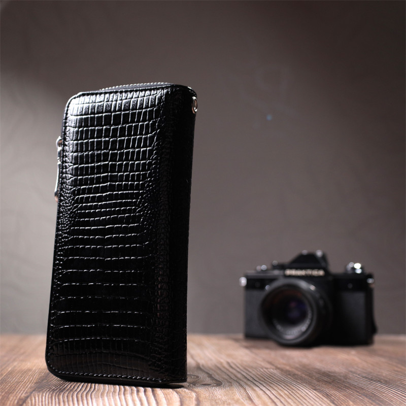 Лакированный женский кошелек на молнии из натуральной кожи ST Leather Черный