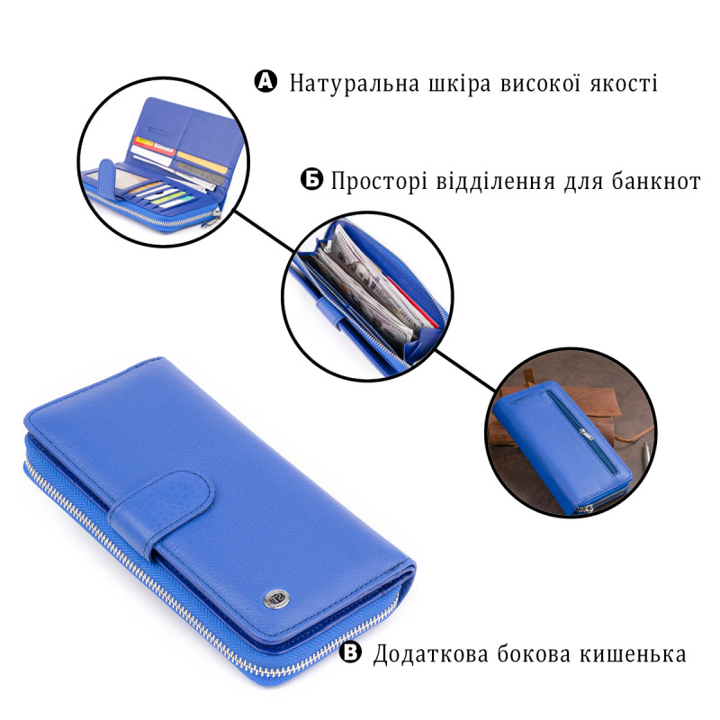 Вертикальный вместительный кошелек из кожи унисекс ST Leather Синий