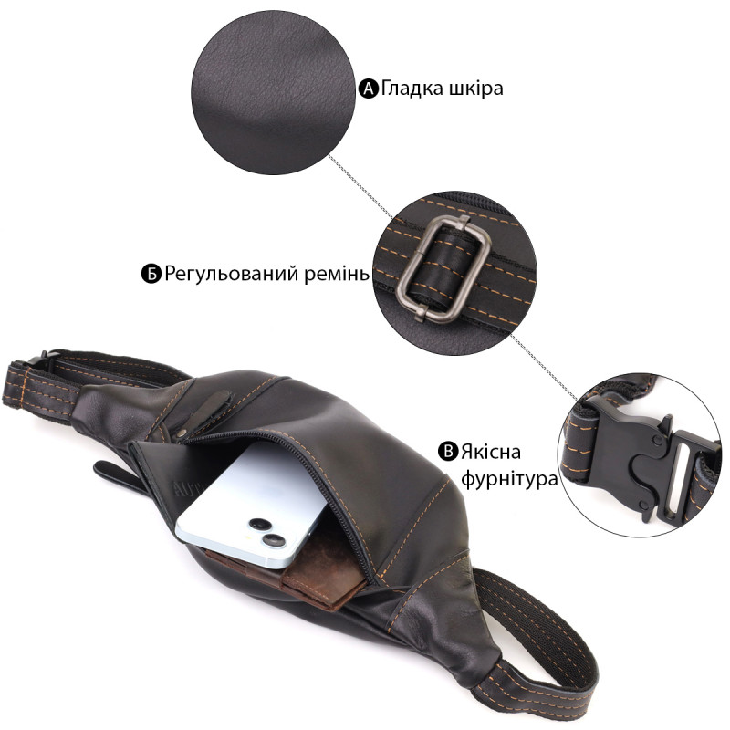 Мужская сумка-бананка из натуральной гладкой кожи Shvigel Черный