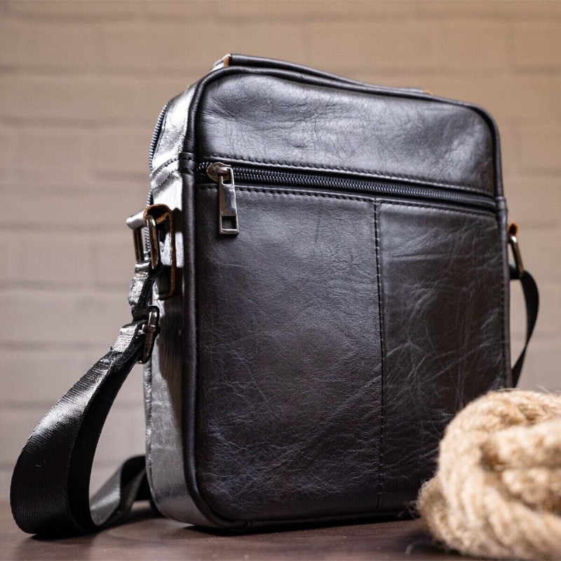Сумка мужская из плотной кожи Vintage Черная