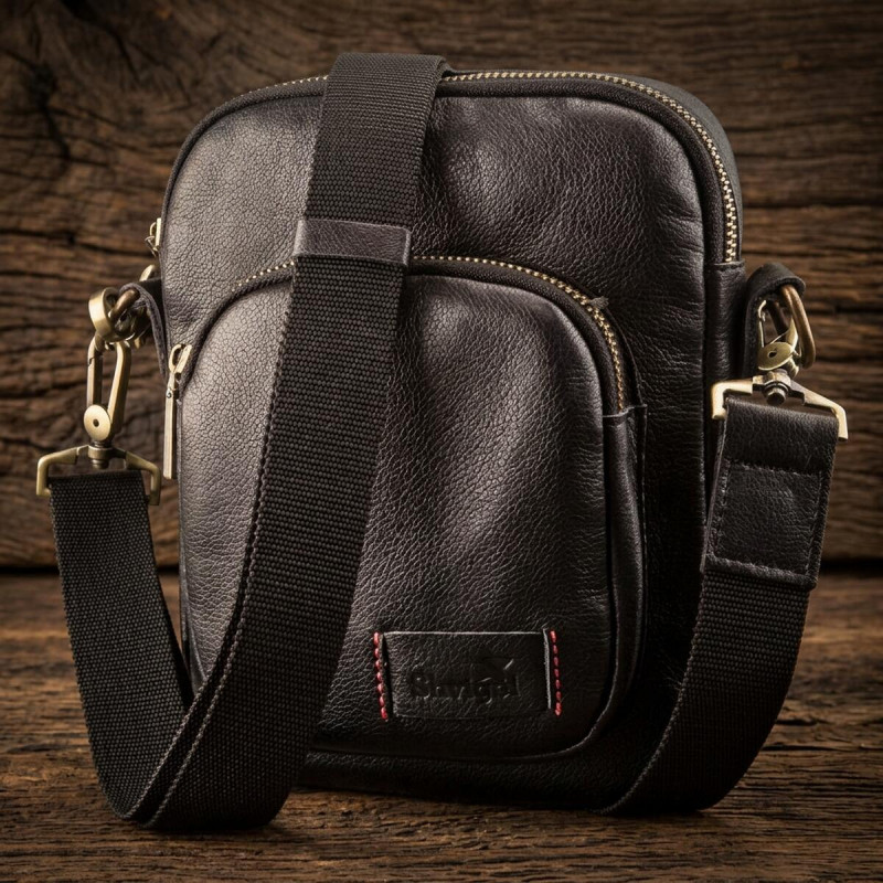 Чоловіча шкіряна сумка через плече та в руку для документів і міста SHVIGEL Чорна