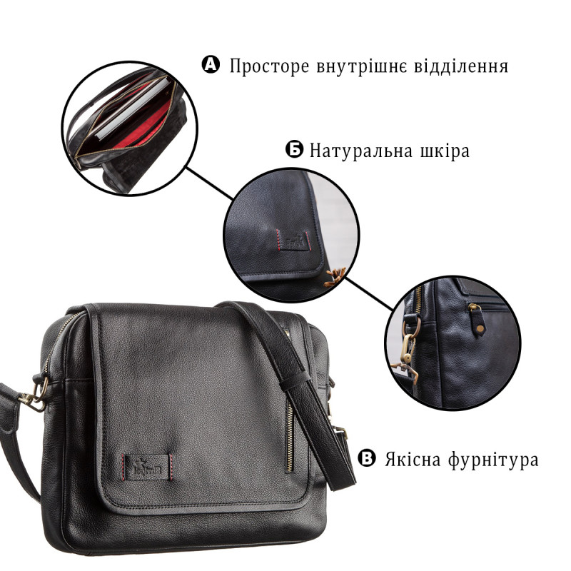 Мужская кожаная сумка через плечо SHVIGEL Черная