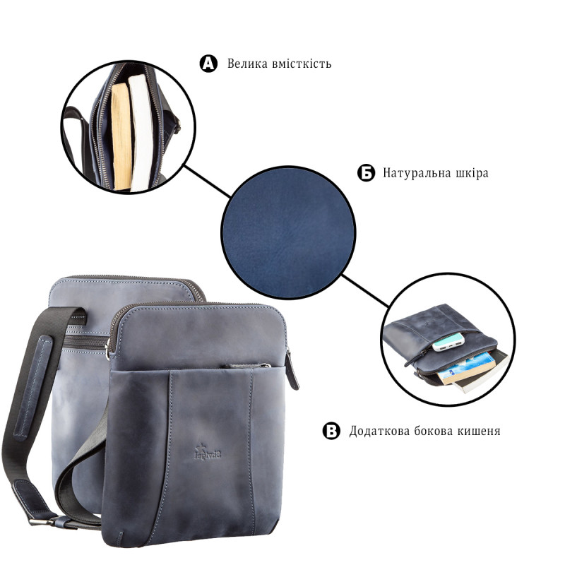 Стильний чоловічий месенджер з вінтажній шкіри Shvigel Синій