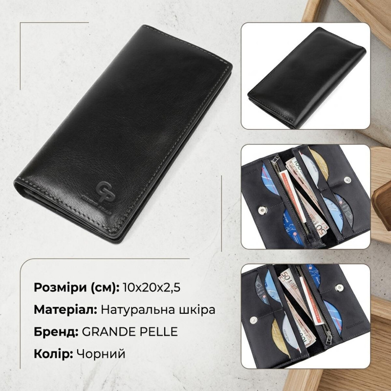 Вертикальний гаманець унісекс на магніті GRANDE PELLE Чорний