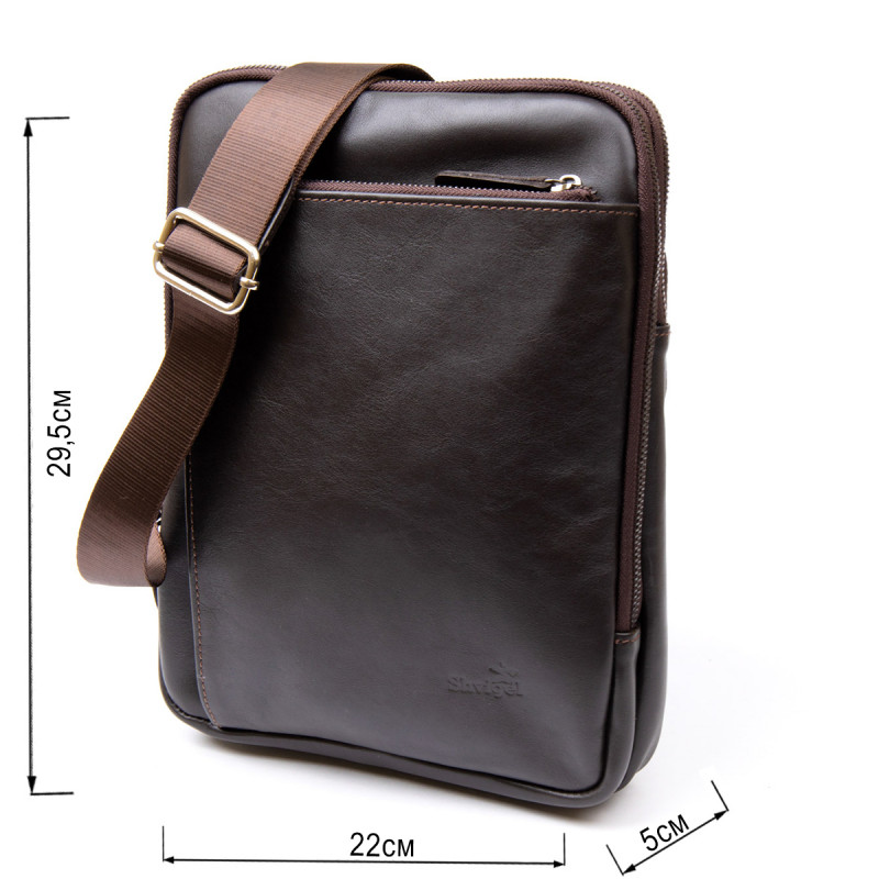 Модная сумка планшет с накладным карманом на молнии в гладкой коже SHVIGEL, Коричневая