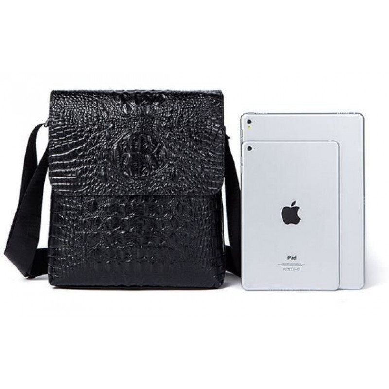 Сумка мужская вертикальная с тиснением под рептилию Vintage Черная