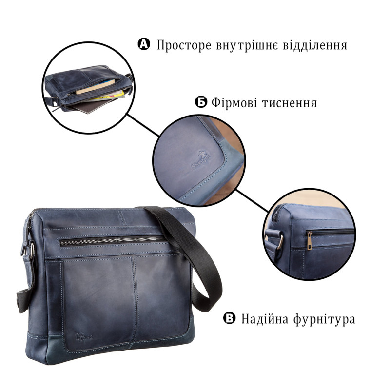 Деловая мужская кожаная сумка на плечо SHVIGEL Синяя
