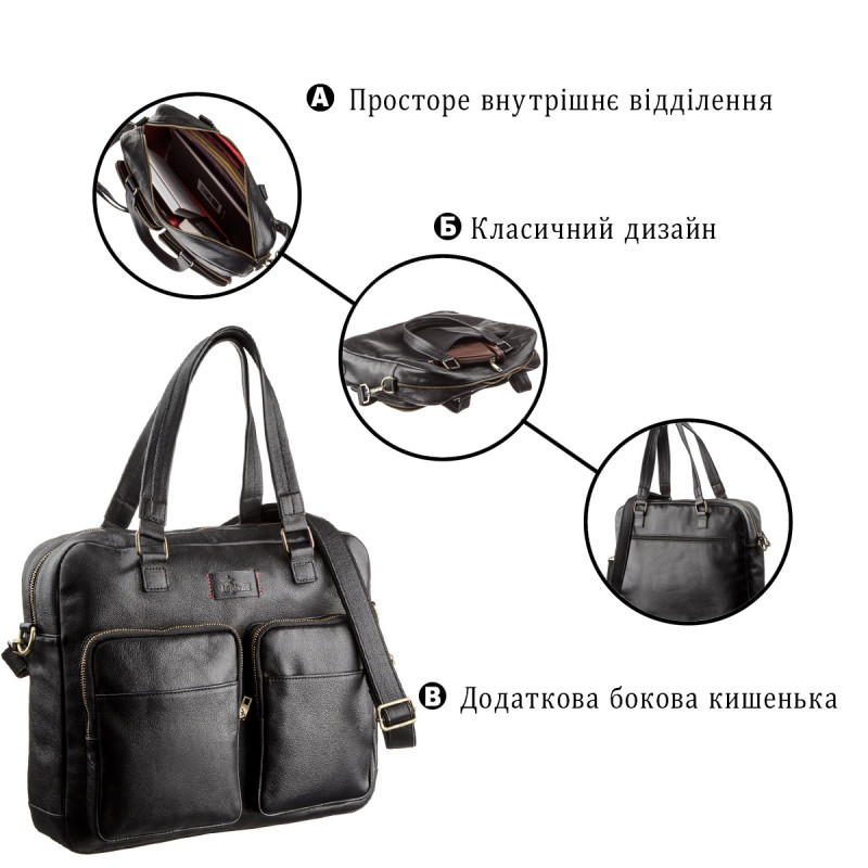 Мужская кожаная деловая сумка-портфель для ноутбука SHVIGEL Черная