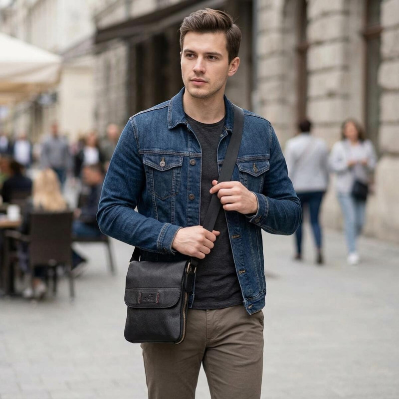 Чоловіча шкіряна сумка месенджер для документів та міста SHVIGEL Чорна