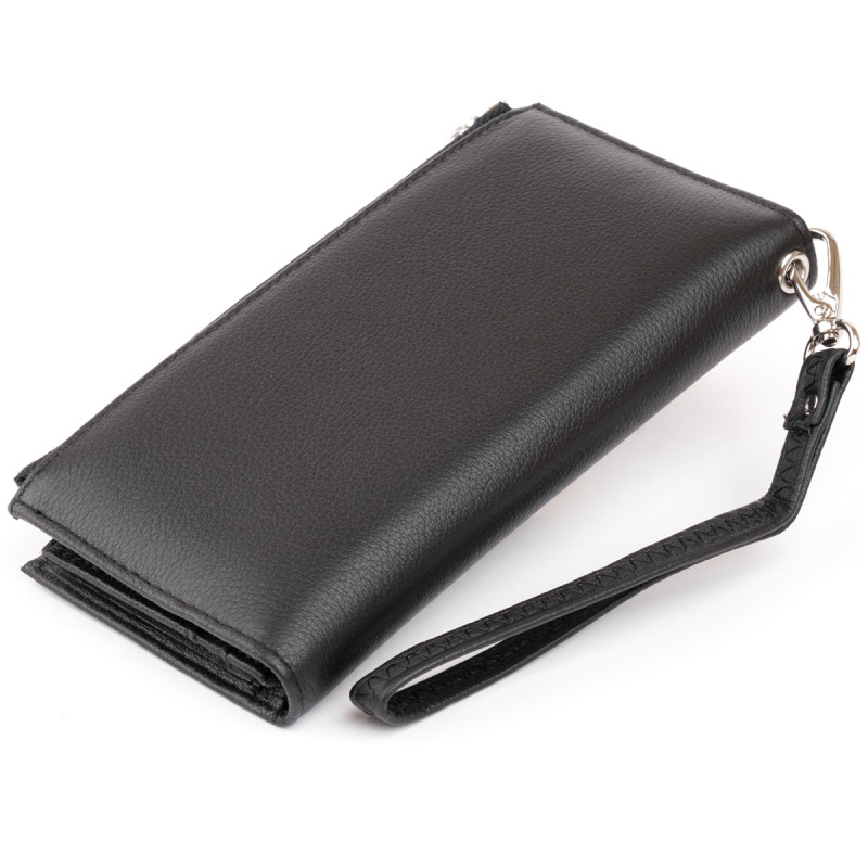 Оригинальный кошелек кожаный женский на хлястике с кнопкой ST Leather Черный