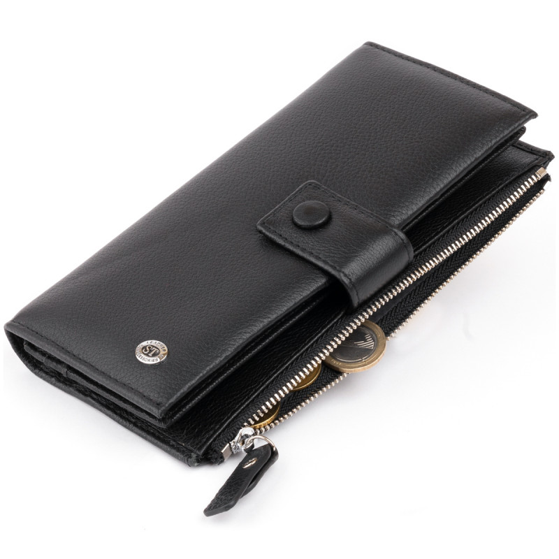 Оригинальный кошелек кожаный женский на хлястике с кнопкой ST Leather Черный