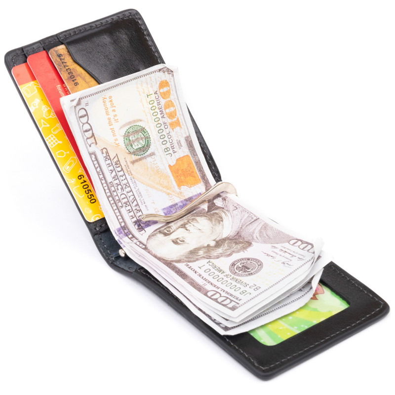 Стильне портмоне з затискачем для грошей без застібки GRANDE PELLE Чорне