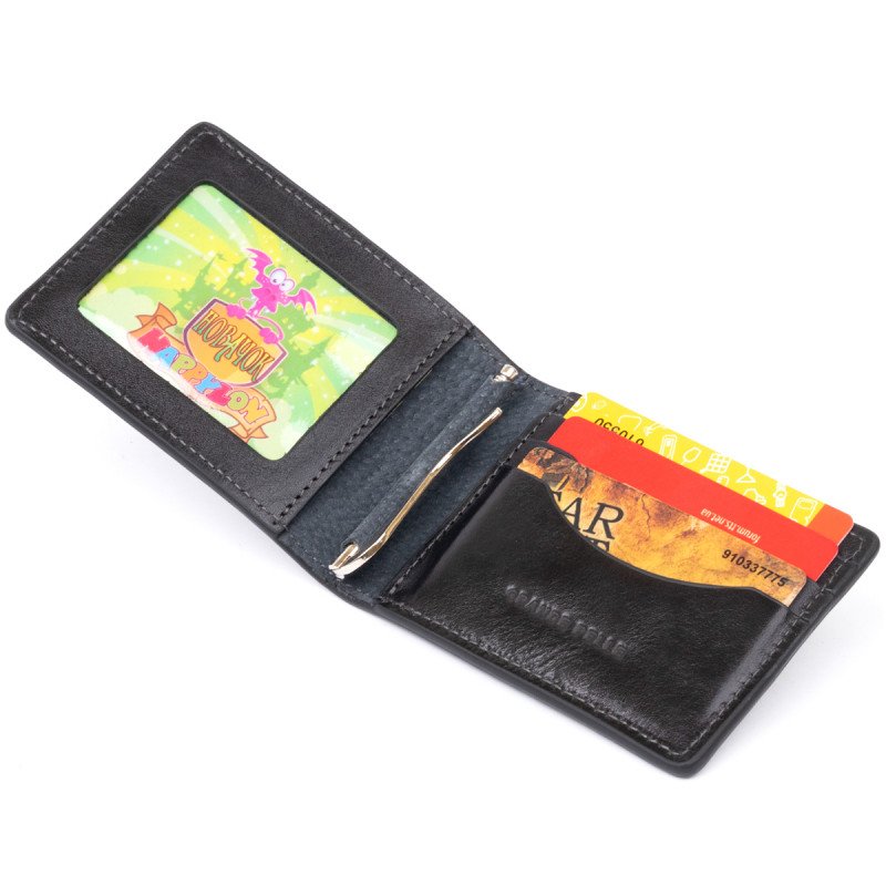 Стильне портмоне з затискачем для грошей без застібки GRANDE PELLE Чорне