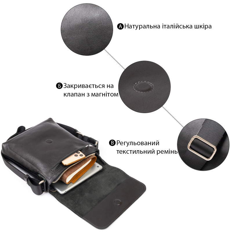 Сумка мессенджер в гладкой коже GRANDE PELLE Черная