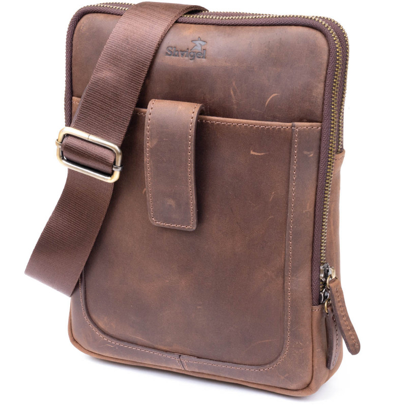 Сумка мужская планшет на два отделения кожаная SHVIGEL Коричневая